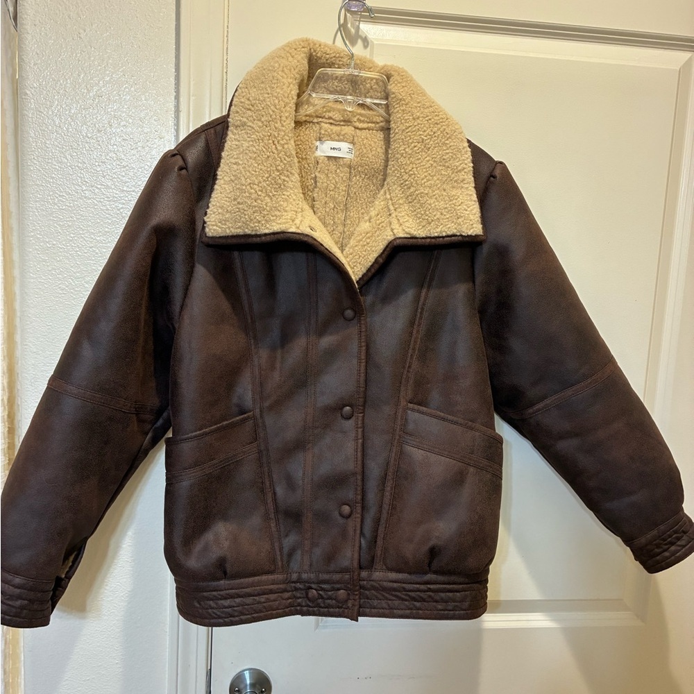 Mango Women’s Faux Suede and Shearling Aviator Jacket Brown Bomber Size S - Picture 2 of 8
